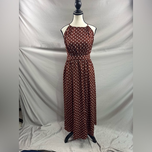 Polka Dot Print Halter Neck Dress Brown. - Picture 8 of 11